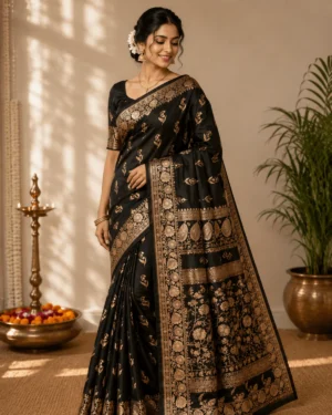 Black Katan Banarasi Alfi Zari Saree – Festive Wear