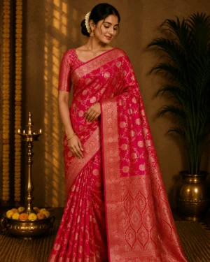 Hot Pink Golden Zari Traditional Banarasi Saree