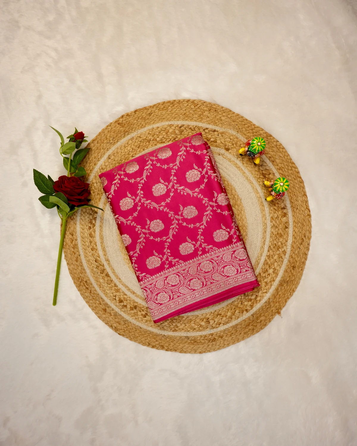 Hot Pink Golden Zari Traditional Banarasi Saree - Image 3