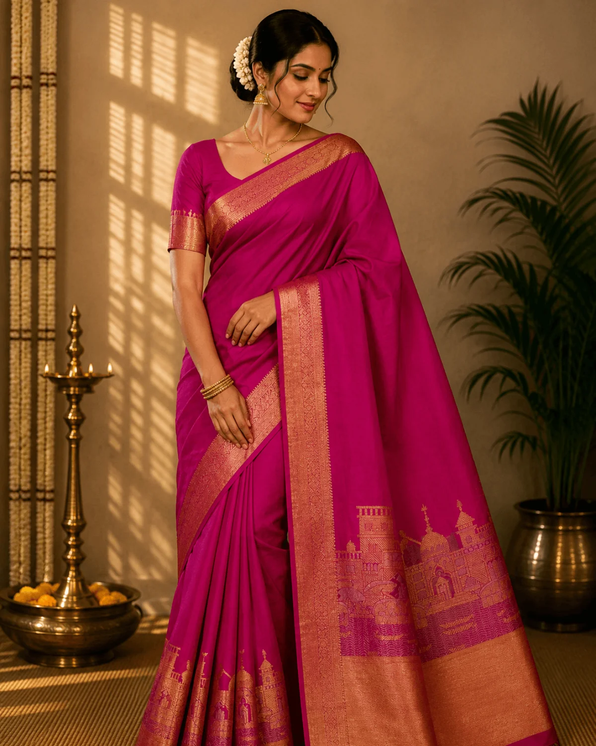 Rani Pink Chanderi Silk Saree – Traditional