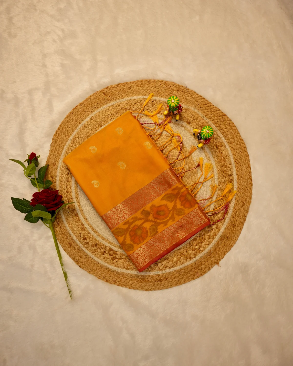 Yellow Red Banarasi Silk Saree – Wedding - Image 3