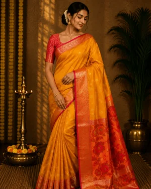 Yellow Red Banarasi Silk Saree – Wedding